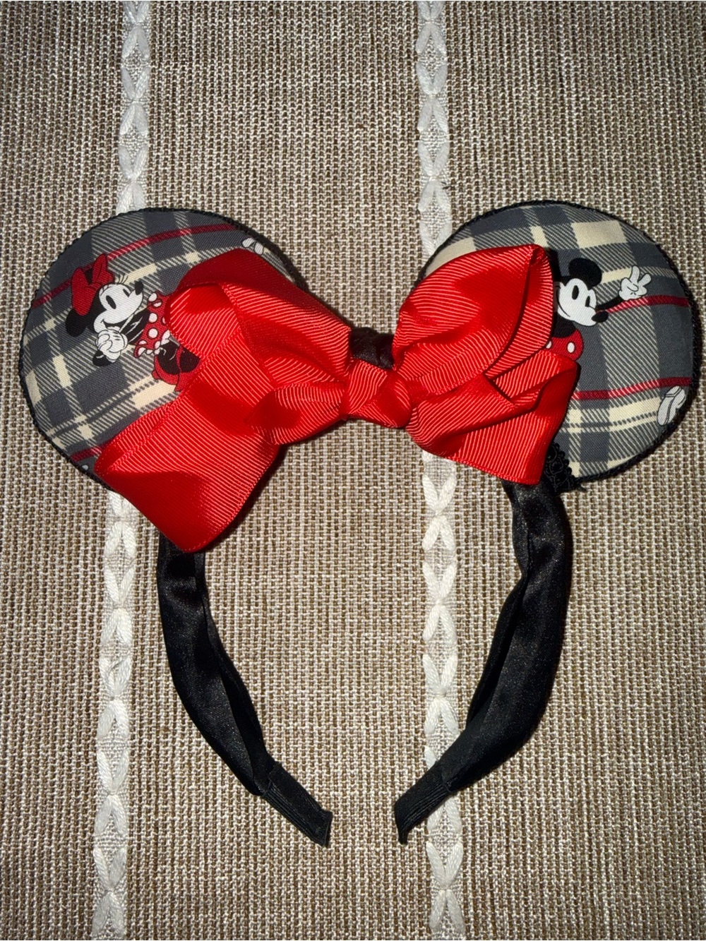 Minnie Mouse Plaid Ears Headband with Red Bow - Custom Made